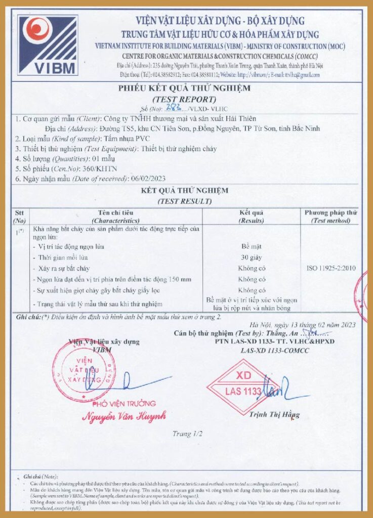 Chứng nhận khả năng chống cháy của tấm ốp