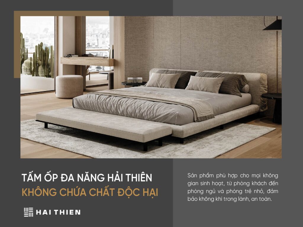 Phòng ngủ gia đình với tấm ốp than tre Hải Thiên không chứa chất độc hại, tạo không gian an toàn cho cả gia đình.