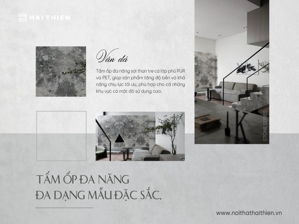 Tấm ốp đa năng sợi than tre với các mẫu vân đá đặc sắc.
