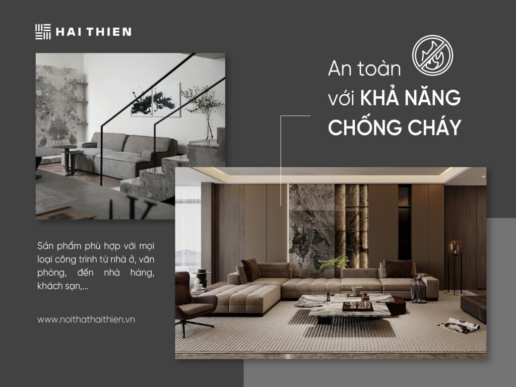 Tấm ốp than tre Hải Thiên sử dụng trong phòng khách, đáp ứng tiêu chuẩn an toàn với khả năng chống cháy.