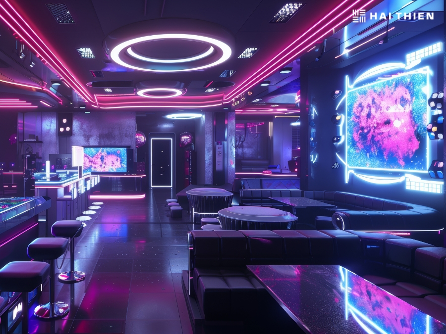 Khi kết hợp với ánh sáng, phòng karaoke sẽ trở nên lung linh, thu hút